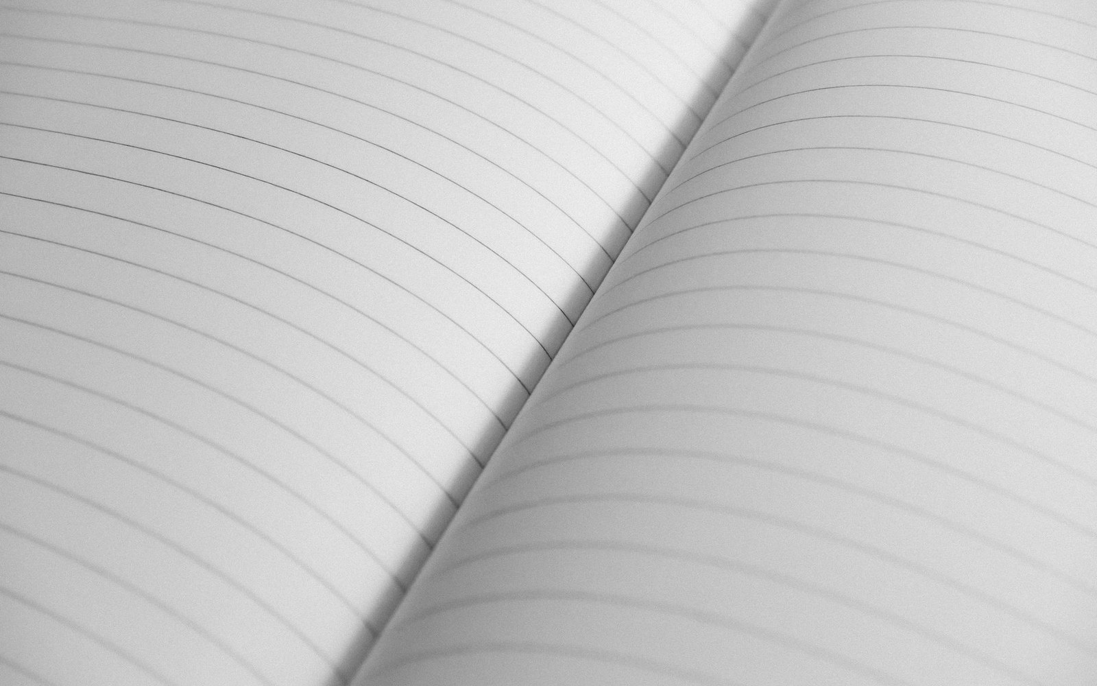 Close-up of blank lined notebook pages with a curved fold down the center