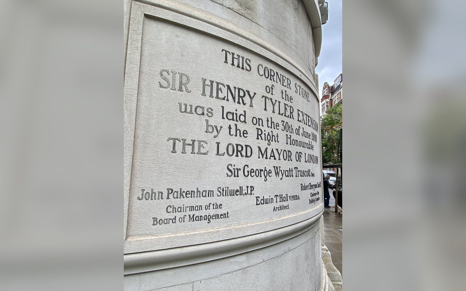 Engraved corner stone commemorating the Sir Henry Tyler Extension, laid in 1909