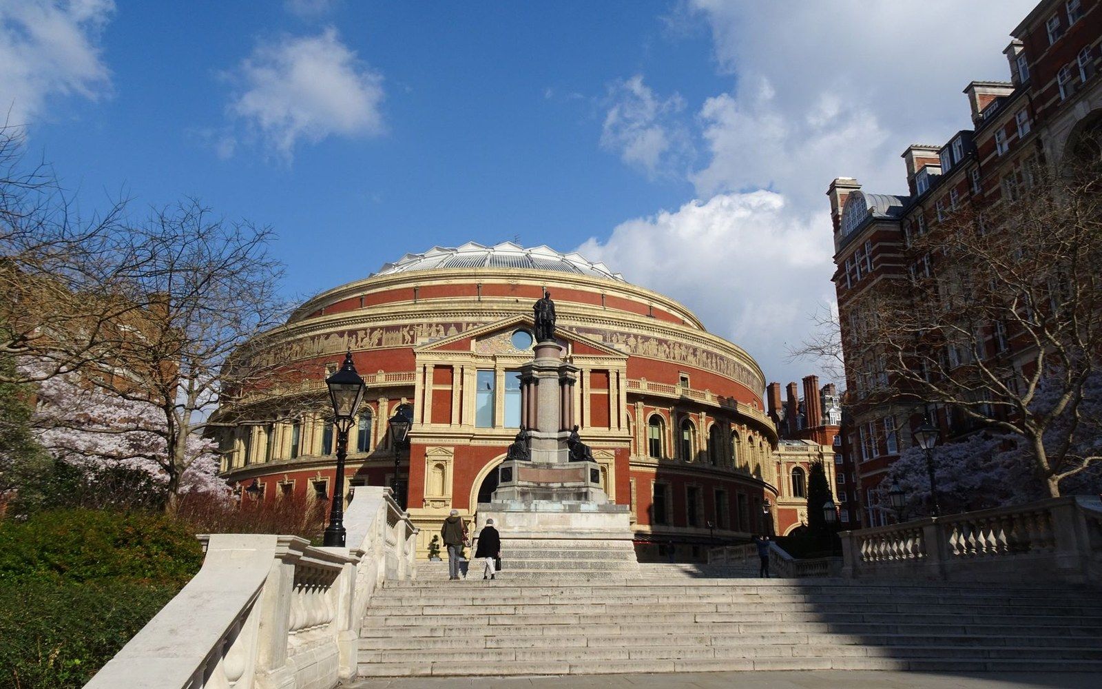 Royal Albert Hall's domed exterior viewed from steps leading up to its entrance